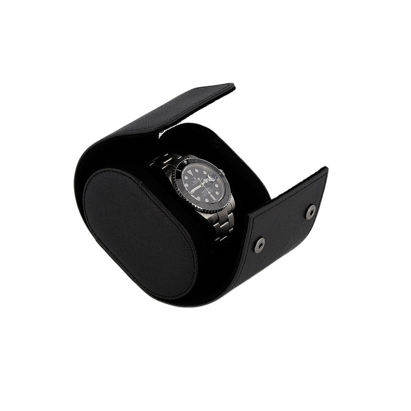 Premium Single Watch Roll in Black Saffiano Leather Super Soft Black Lining