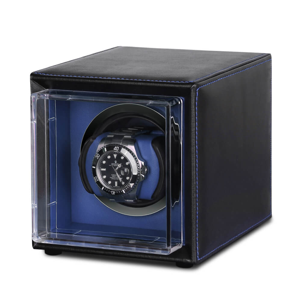 Single Watch Winder Black Leather Blue Lining Mains or Battery by Aevitas