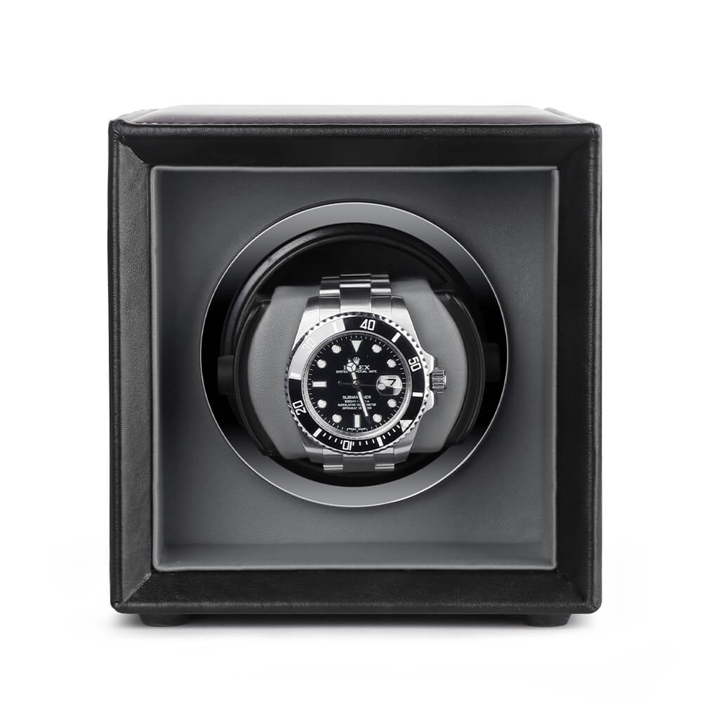 Single Watch Winder Black Leather Grey Lining Mains or Battery by Aevitas