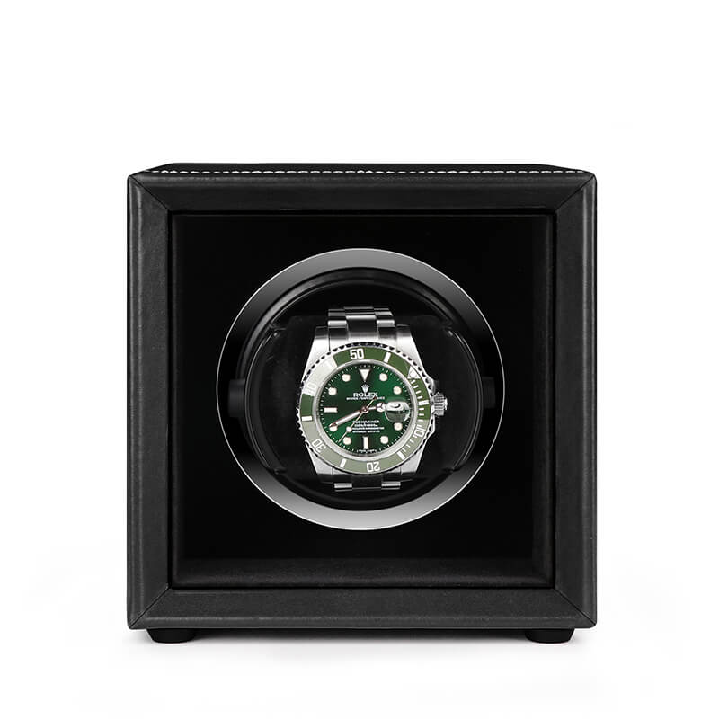 Single Watch Winder Black Leather White Stitching Mains or Battery by Aevitas