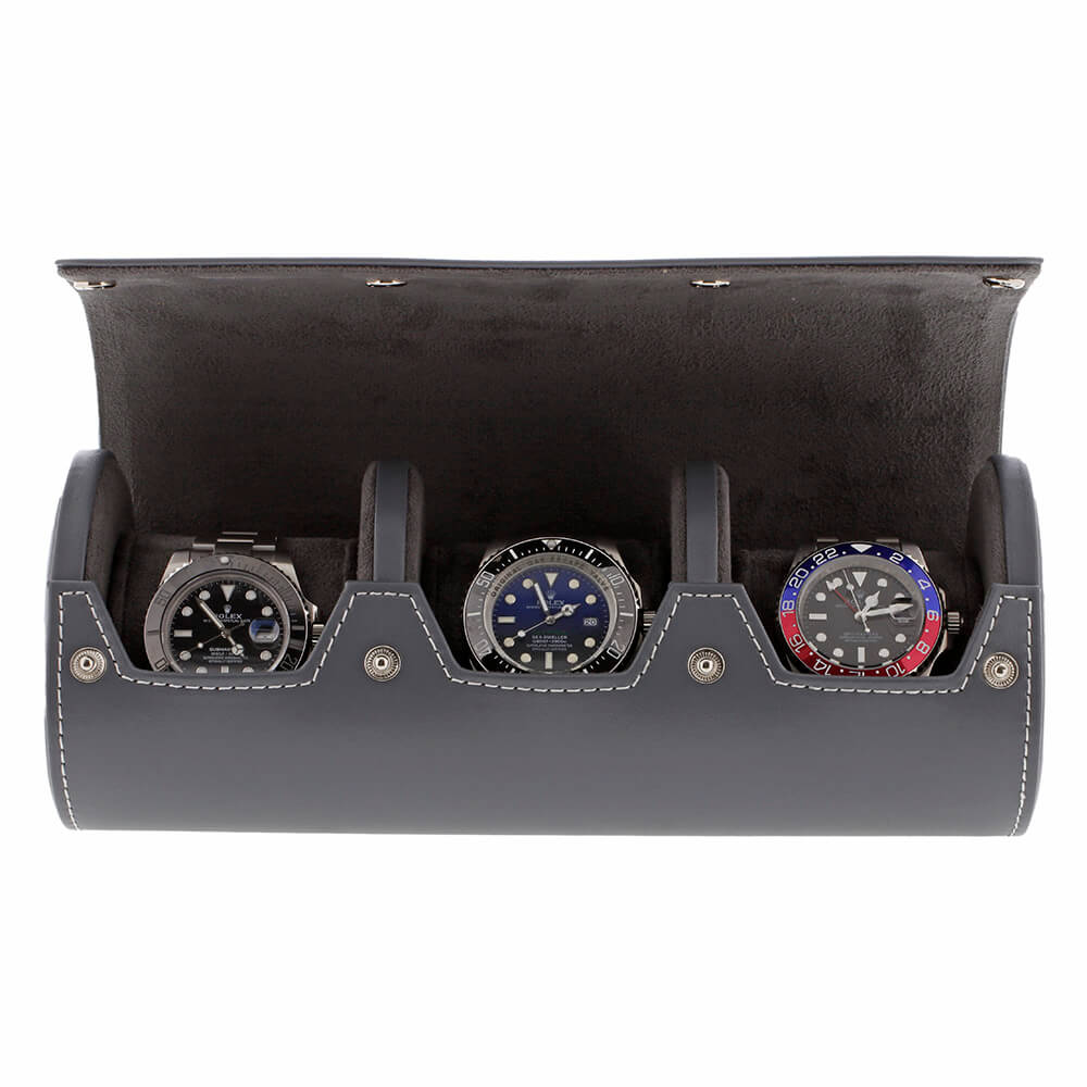 Triple Watch Roll in Smooth Grey Leather with Super Soft Lining